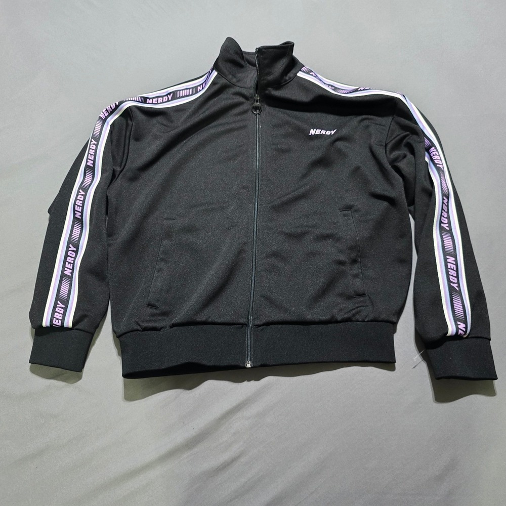 Nerdy Track Jacket Women Small Black Purple Logo Tape Zip Up Streetwear